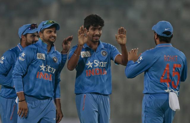 India’s Jasprit Bumrah, second right, celebrate with his teammates the dismissal of Sri Lanka’s Shehan Jayasuriya during their Asia Cup match in Dhaka. (AP) India’s Jasprit Bumrah, second right, celebrate with his teammates the dismissal of Sri Lanka’s Shehan Jayasuriya during their Asia Cup match in Dhaka. (AP)