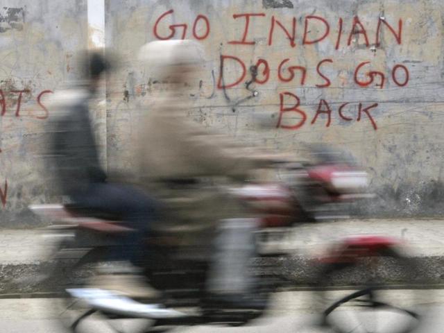 Though the alleged anti-national sloganeering in JNU has snowballed into a big national debate, walls and shutters of shops in Srinagar can be seen delivering many anti-India slogans, some of them even more ‘provocative’ ones. (Waseem Andrabi//HT Photo)