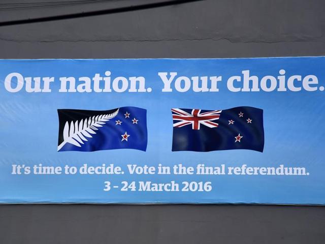 This file photo shows a banner advertising the flag referendum in Wellington. (AFP) This file photo shows a banner advertising the flag referendum in Wellington. (AFP)