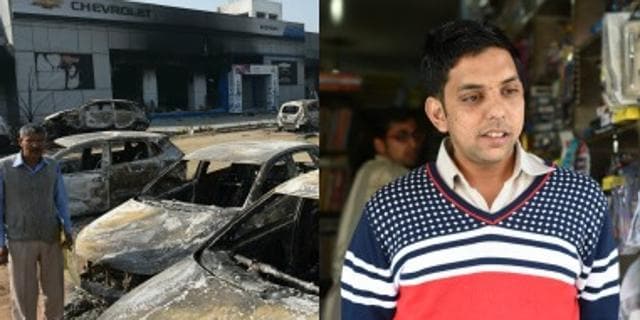 Rajinder Dhaka, the manger of Chevrolet showroom in Rohtak that was burnt during the Jat stir; and (right) Rajat Gupta , owner of a book shop in the city that was spared by protesters. (Sanjeev Sharma/HT ) Rajinder Dhaka, the manger of Chevrolet showroom in Rohtak that was burnt during the Jat stir; and (right) Rajat Gupta , owner of a book shop in the city that was spared by protesters. (Sanjeev Sharma/HT )
