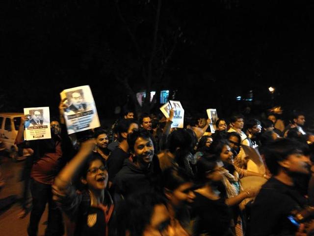 To express solidarity with Kanhaiya Kumar and celebrate his return from jail, JNU students took out a victory march at the university campus on Thursday night.