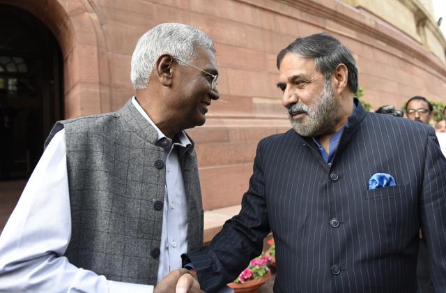 Congress leader Anand Sharma (right) and CPI leader D Raja at Parliament during the Budget Session in New Delhi on Friday. (Mohd Zakir/ HT Photo)