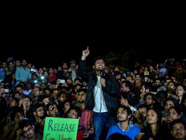 Students and activists shout slogans and protest against the arrest of JNU student leader Kanhaiya Kumar before his release on bail in a controversial sedition case. Kanhaiya says he stands by the Constitution and speaks for social reform and justice.(AFP)