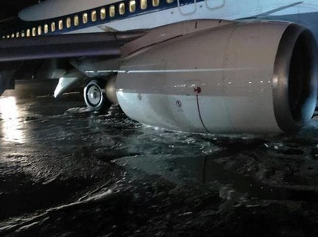 The main landing gear of a Jet Airways plane collapsed on landing at Mumbai on Thursday, March 3, 2016, but the passengers were deplaned safely.(ANI)