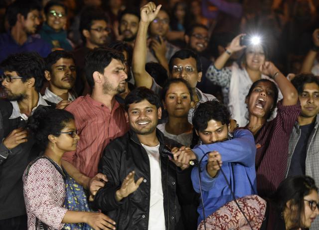 Kanhaiya Kumar addresses JNU students after his release in New Delhi. (Sanjeev Verma/ Hindustan Times) Kanhaiya Kumar addresses JNU students after his release in New Delhi. (Sanjeev Verma/ Hindustan Times)