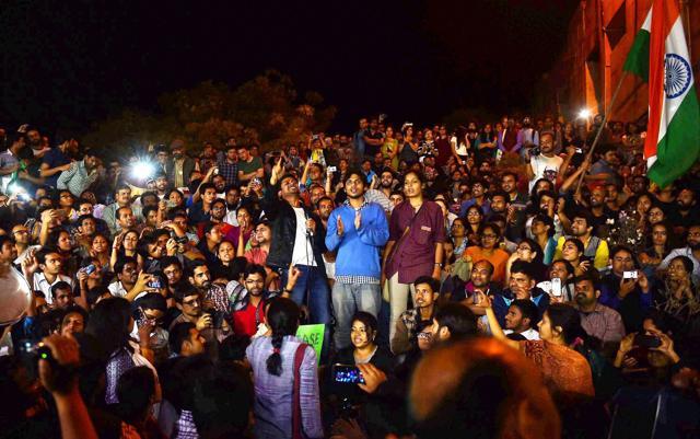 JNUSU President Kanhaiya Kumar addresses students after reaching at the JNU campus. (PTI) JNUSU President Kanhaiya Kumar addresses students after reaching at the JNU campus. (PTI)