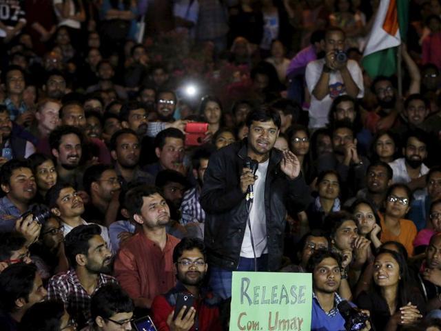 Kanhaiya Kumar, a Jawaharlal Nehru University (JNU) student union leader, gestures as he addresses a meet inside JNU campus in New Delhi, India, March 3, 2016.(REUTERS)