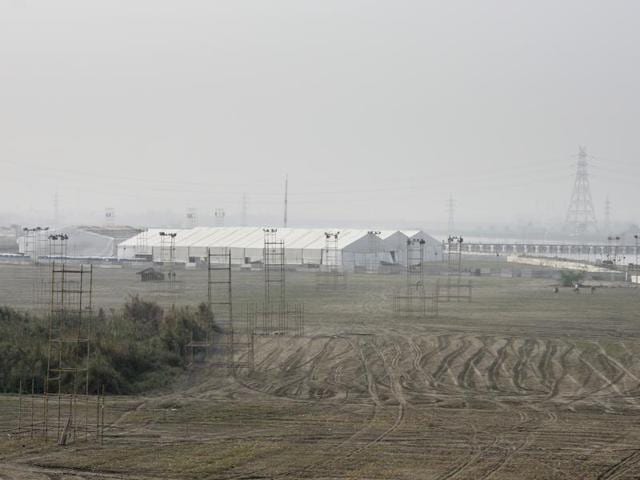 A structure being prepared for the fesival. Massive construction is underway on the Yamuna bank along the DND for a World Cultural Festival by Art of Living scheduled for early March in New Delhi, India. (Raj K Raj / Hindustan Times) A structure being prepared for the fesival. Massive construction is underway on the Yamuna bank along the DND for a World Cultural Festival by Art of Living scheduled for early March in New Delhi, India. (Raj K Raj / Hindustan Times)
