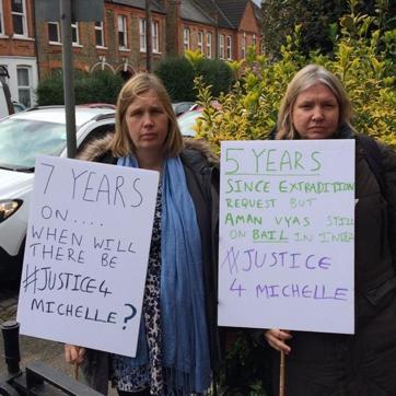 Londoners marched on Saturday seeking faster extradition of Aman Vyas, the suspected killer of Michelle Samaraweera. (Twitter) Londoners marched on Saturday seeking faster extradition of Aman Vyas, the suspected killer of Michelle Samaraweera. (Twitter)