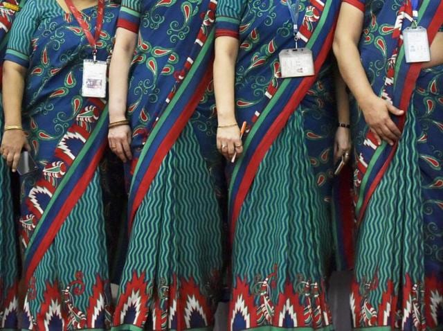 The crew of the all-women historic flight AI 173 from Delhi to San Francisco all spic-and-span  at the celebrations.  (Vipin Kumar / HT Photo) 