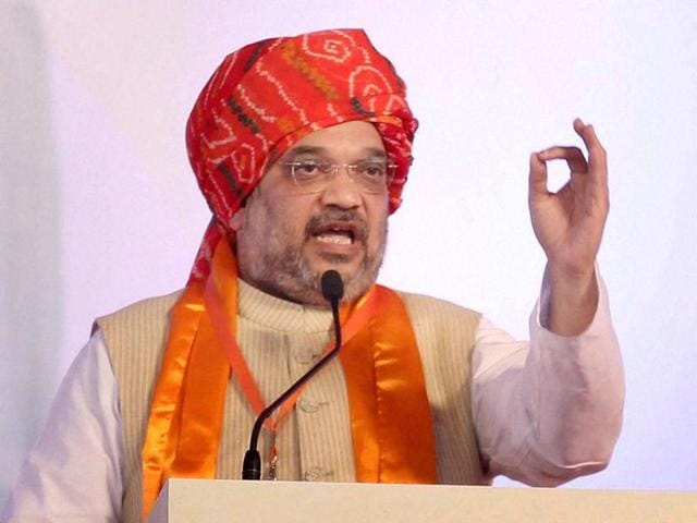 BJP president Amit Shah addresses BJYM national convention in Vrindavan.(PTI Photo)