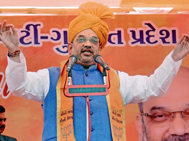 BJP national President Amit Shah delivers a speech in Ahmedabad. (PTI Photo) BJP national President Amit Shah delivers a speech in Ahmedabad. (PTI Photo)