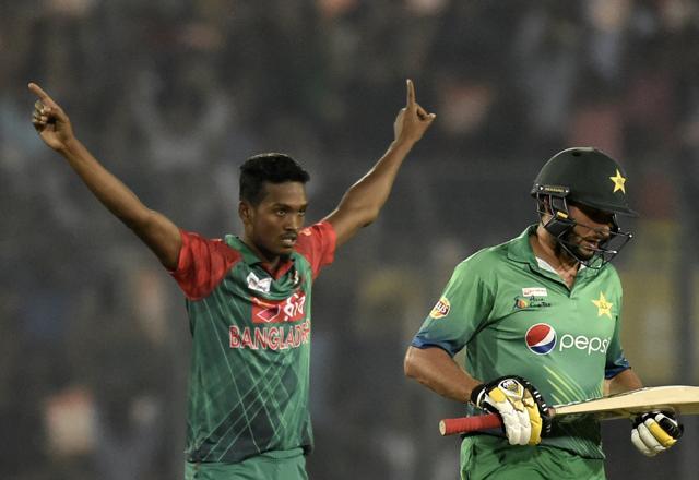 Al-Amin Hossain reacts after the dismissal of Pakistan cricket captain Shahid Afridi during the Asia Cup T20 cricket tournament match. (AFP Photo) Al-Amin Hossain reacts after the dismissal of Pakistan cricket captain Shahid Afridi during the Asia Cup T20 cricket tournament match. (AFP Photo)