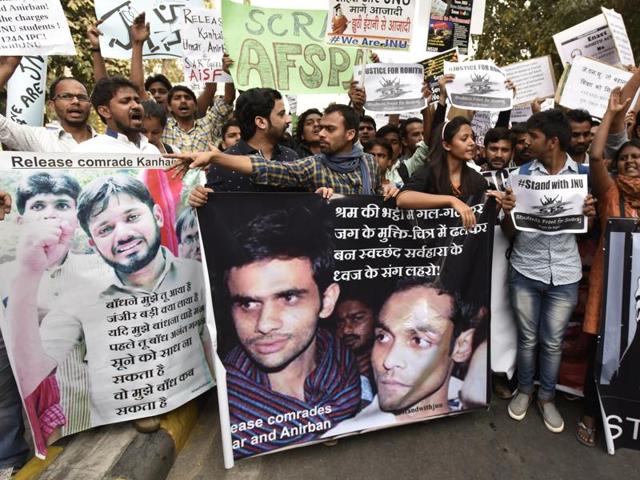 Jawaharlal Nehru University students march in support of Umar Khalid and Anirban Bhattacharya. (Hindustan Times) Jawaharlal Nehru University students march in support of Umar Khalid and Anirban Bhattacharya. (Hindustan Times)