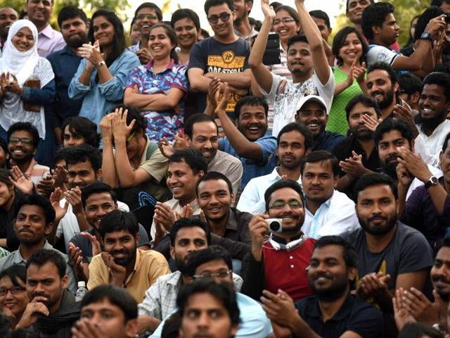 Students listen to Jawaharlal Nehru University Students Union president Kanhaiya Kumar during media interaction at JNU Campus in New Delhi. (HT Photo) Students listen to Jawaharlal Nehru University Students Union president Kanhaiya Kumar during media interaction at JNU Campus in New Delhi. (HT Photo)