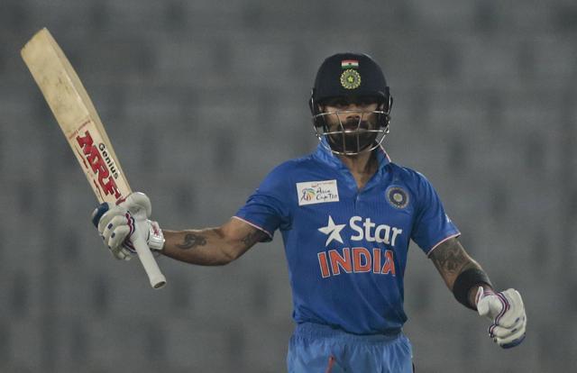 India’s Virat Kohli acknowledges the crowd after scoring fifty runs during the Asia Cup Twenty20 international cricket match against Sri Lanka in Dhaka. (AP Photo) India’s Virat Kohli acknowledges the crowd after scoring fifty runs during the Asia Cup Twenty20 international cricket match against Sri Lanka in Dhaka. (AP Photo)