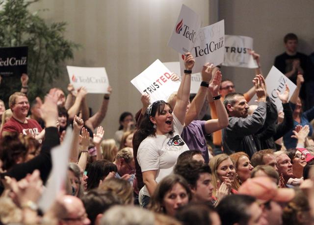 Supporters cheer after Republican candidate for president Ted Cruz announced that he won the Maine primary election at a rally. (AP) Supporters cheer after Republican candidate for president Ted Cruz announced that he won the Maine primary election at a rally. (AP)
