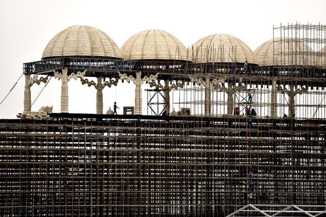 One of the major structures under construction on the Yamuna bank site for the World Cultural Festival. (Virendra Singh Gosain/ HT Photo ) One of the major structures under construction on the Yamuna bank site for the World Cultural Festival. (Virendra Singh Gosain/ HT Photo )