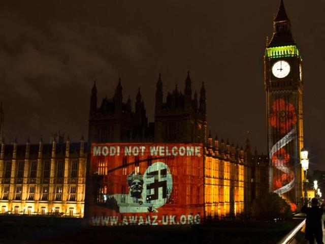 Photo of “Modi Not Welcome” image projected on British Parliament in October last year. (Awaaz UK) Photo of “Modi Not Welcome” image projected on British Parliament in October last year. (Awaaz UK)