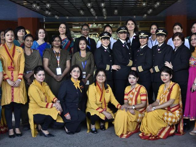 Captain Amrit Namdhari, Captain Kshamta Bajpayi , Captain Shubhangi Singh and Captain Ramya Kirti Gupta at a function to mark a Delhi -San Francisco flight with an all-women crew in New Delhi on March 5(Vipin Kumar/Hindustan Times)