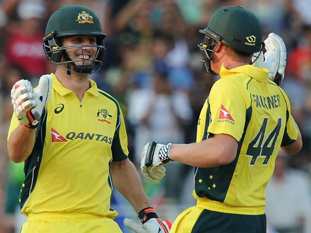 Australia’s batsman Glenn Maxwell, left, congratulates teammate David Warner, right, on reaching a half-century during the second T20 against South Africa at the Wanderers stadium in Johannesburg on March 6, 2016. (AP Photo) Australia’s batsman Glenn Maxwell, left, congratulates teammate David Warner, right, on reaching a half-century during the second T20 against South Africa at the Wanderers stadium in Johannesburg on March 6, 2016. (AP Photo)