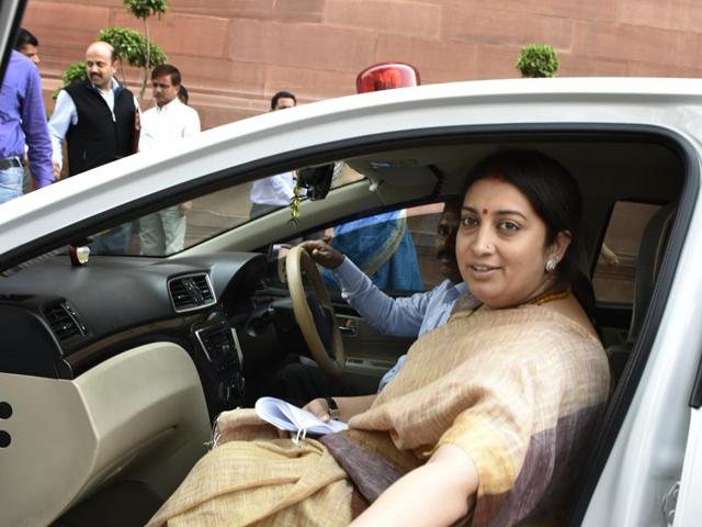 Union HRD minister Smriti Irani at Parliament house during budget session in New Delhi on Thursday, March 3, 2016. (Arvind Yadav / HT Photo) Union HRD minister Smriti Irani at Parliament house during budget session in New Delhi on Thursday, March 3, 2016. (Arvind Yadav / HT Photo)