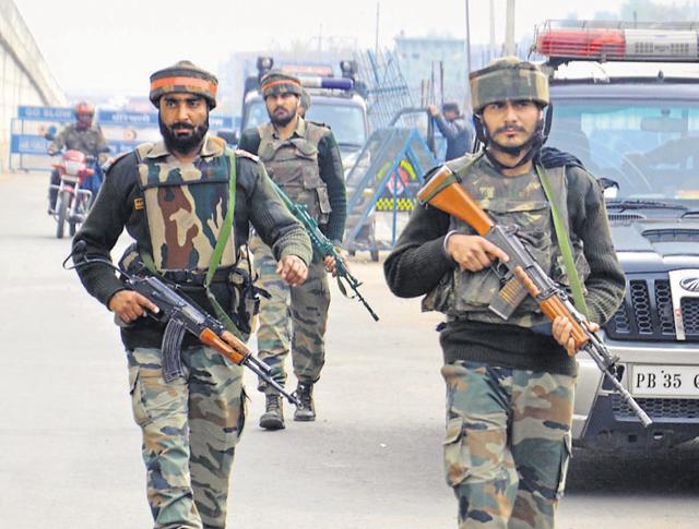 Pathankot: A Security forces jawan guards at the Pathankot Air Force base. Pakistan’s alert over a potential LeT attack during Shivratri may open the door for joint counter-terror operations.(PTI Photo)