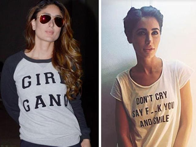 Actors Kareena Kapoor, Nargis Fakhri and Kriti Sanon rock slogan tees.(HT Photo/ Yogen Shah, Instagram)