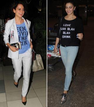 While actor Kangana Ranaut teams a slogan tee with a striped pantsuit, actor Jacqueline Fernandez pairs her black number with skinny jeans. (Yogen Shah, Shakti Yadav)