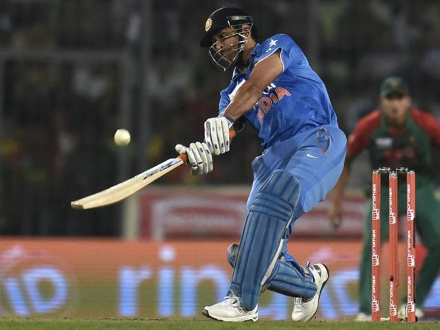 Mahendra Singh Dhoni finished off the Asia Cup final against Bangladesh with two big sixes in the penultimate over. (AFP Photo) Mahendra Singh Dhoni finished off the Asia Cup final against Bangladesh with two big sixes in the penultimate over. (AFP Photo)