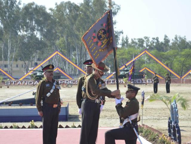 Chief of Army Staff Gen Dalbir Singh presenting the President’s Standard to 18 Cavalry at the Amritsar military station on Monday.(Sameer Sehgal/HT Photo)