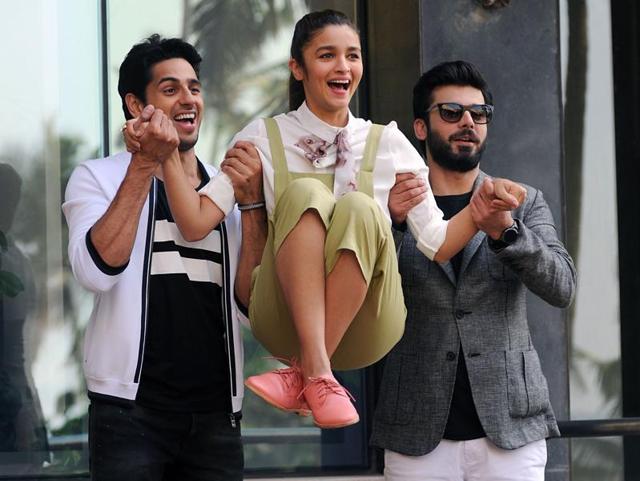 ActorsSidharth Malhotra, Alia Bhatt and Fawad Khan pose during a promotional event for the upcoming film Kapoor & Sons in Mumbai. (AFP)