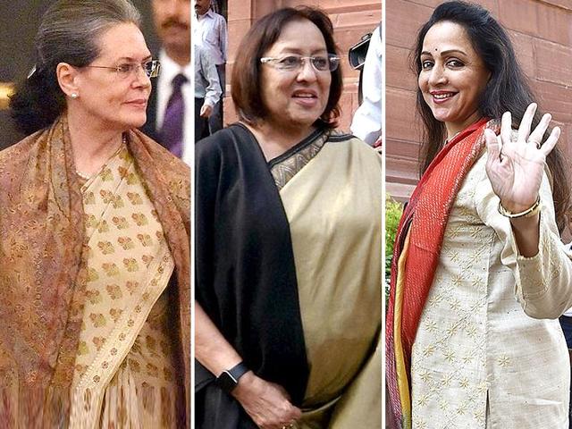 (Left to right) Sonia Gandhi, Najma Heptullah and Hema Malini at the Parliament House in New Delhi. (Agencies) (Left to right) Sonia Gandhi, Najma Heptullah and Hema Malini at the Parliament House in New Delhi. (Agencies)