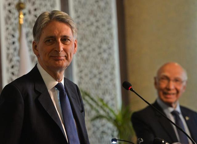 Pakistan prime minister's advisor on foreign affairs Sartaj Aziz (right) and British foreign secretary Philip Hammond arrive for a joint press conference in Islamabad on Tuesday. (AFP) Pakistan prime minister's advisor on foreign affairs Sartaj Aziz (right) and British foreign secretary Philip Hammond arrive for a joint press conference in Islamabad on Tuesday. (AFP)