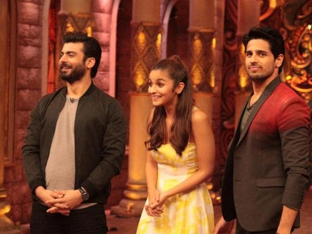 Actors Fawad Khan, Sidharth Malhotra and Alia Bhatt during the promotion of film Kapoor & Sons on the sets of television show Comedy Nights Bachao. (IANS) 