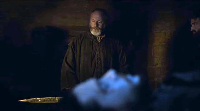 What are you doing Davos Seaworth? Are you buying Jon time to turn him into a White Walker? (HBO)