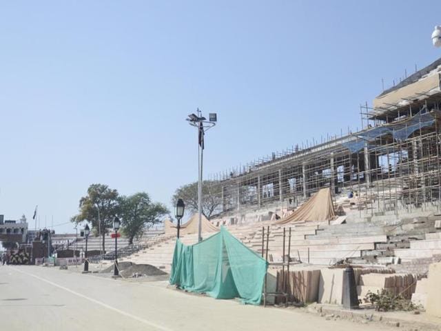 Work on the new visitors’ gallery at the Attari border in progress on Wednesday.(Sameer Sehgal/HT Photo) Work on the new visitors’ gallery at the Attari border in progress on Wednesday.(Sameer Sehgal/HT Photo)