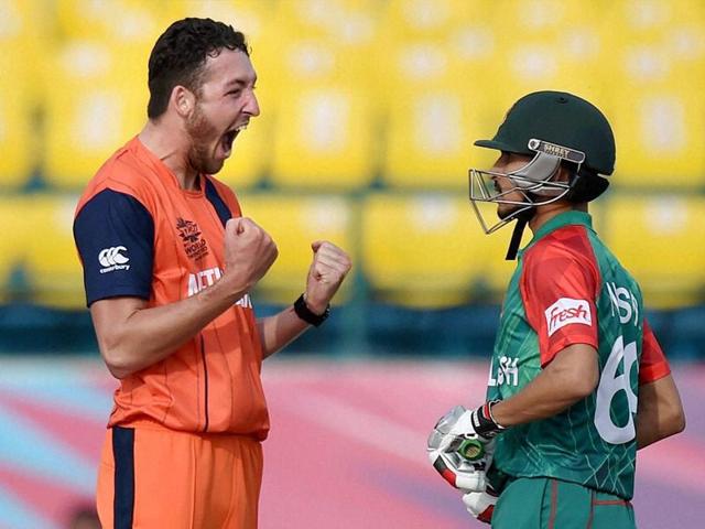 Netherlands bowler PA van Meekeren celebrates the wicket of Bangladesh batsman Nasir Hossain. (PTI Photo)