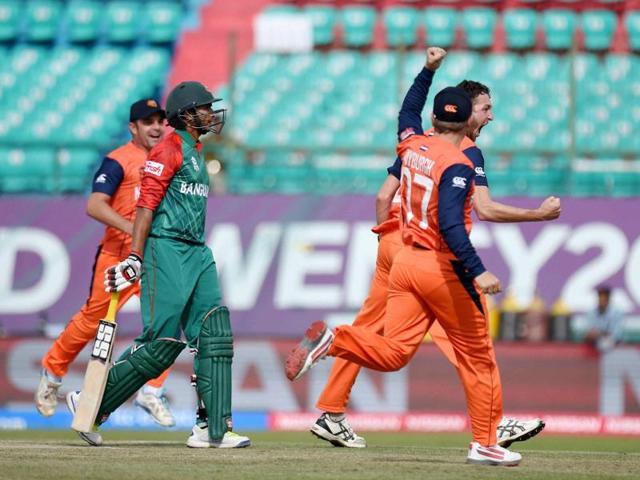 Netherlands bowler PA Van Meekeren celebrates the wicket of Bangladesh batsman Soumya Sarkar. (PTI Photo)