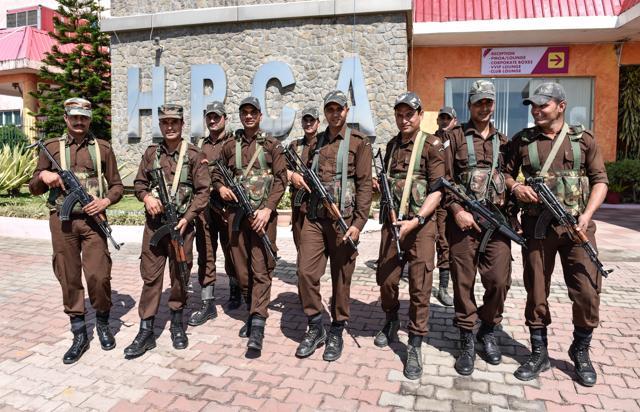 Men of a Himachal Pradesh security force at the Dharamsala stadium on Tuesday. (Gurpreet Singh/HT Photo) Men of a Himachal Pradesh security force at the Dharamsala stadium on Tuesday. (Gurpreet Singh/HT Photo)
