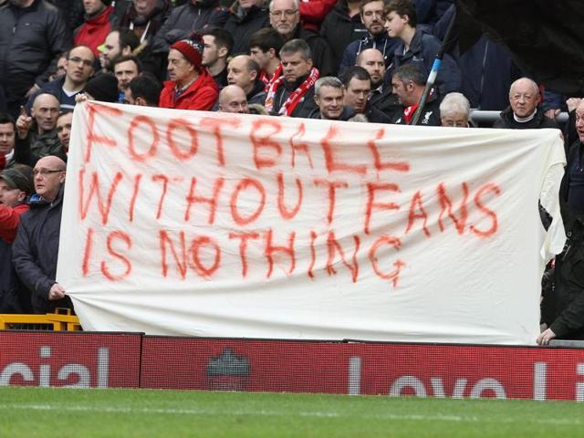Last month the US-based owners of Liverpool scrapped controversial plans to hike Anfield ticket prices after 10,000 fans walked out of the ground in protest during a Premier League match against Sunderland. (AFP Photo) Last month the US-based owners of Liverpool scrapped controversial plans to hike Anfield ticket prices after 10,000 fans walked out of the ground in protest during a Premier League match against Sunderland. (AFP Photo)