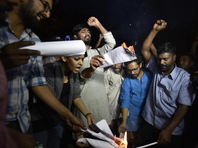 The Jawaharlal Nehru University Students Union has passed a resolution to reiterate its condemnation of the “destructive and divisive slogans” raised in the February 9. (PTI Photo) The Jawaharlal Nehru University Students Union has passed a resolution to reiterate its condemnation of the “destructive and divisive slogans” raised in the February 9. (PTI Photo)