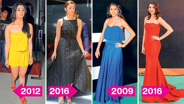 Alia used to wear short dresses a lot initially, but now she has transcended into the elegant zone. From frilly, unflattering gowns to fitting numbers, Anushka has become a style maven now. ( (From left) HT PHOTO | YOGEN SHAH, Vincent Yu/AP | YOGEN SHAH) Alia used to wear short dresses a lot initially, but now she has transcended into the elegant zone. From frilly, unflattering gowns to fitting numbers, Anushka has become a style maven now. ( (From left) HT PHOTO | YOGEN SHAH, Vincent Yu/AP | YOGEN SHAH)
