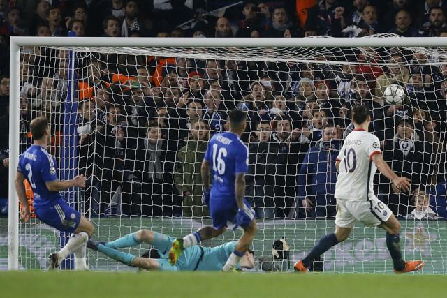 Zlatan Ibrahimovic scores PSG’s second goal to seal Chelsea’s fate. (AP) Zlatan Ibrahimovic scores PSG’s second goal to seal Chelsea’s fate. (AP)