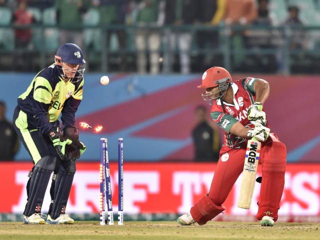 Khawar Ali of Oman is bowled by Kevin O’Brien. (Gurpreet Singh/HT Photo) 