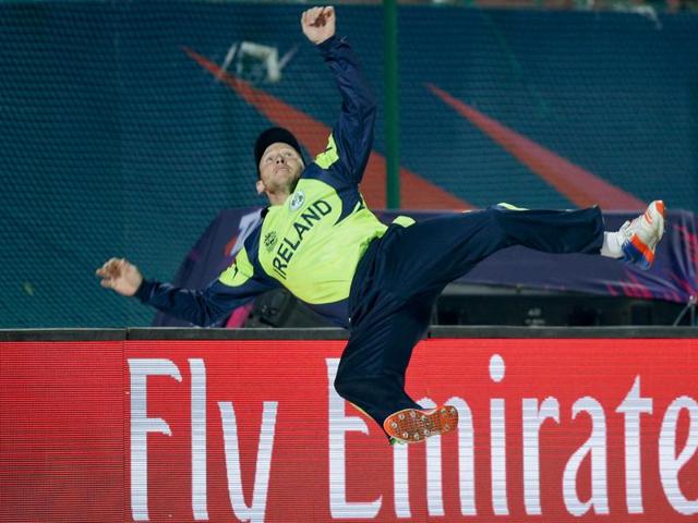 Ireland's Gary Wilson with a leaping save to stop what was a certain six. (AP) 