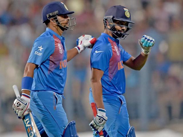 India's Rohit Sharma being greeted by Suresh Raina after his dismissal. (PTI Photo) India's Rohit Sharma being greeted by Suresh Raina after his dismissal. (PTI Photo)