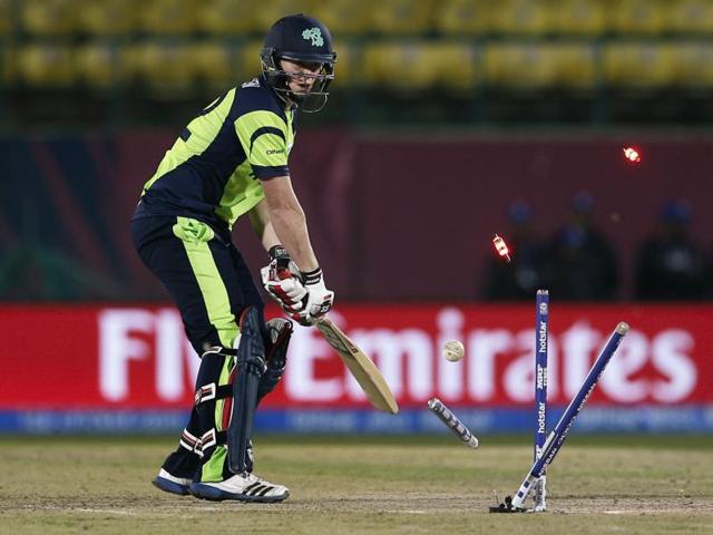 Ireland's Kevin O'Brien is bowled out by Oman's Munis Ansari. (AP) 