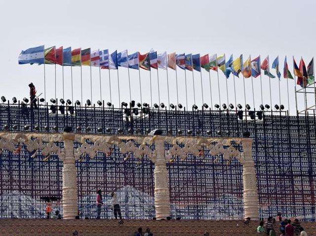 Construction of tents, hutments, barricades, pontoon bridges and a seven-acre stage is nearly over at the venue of World Culture Festival . (Sushil kumar/ht photo) 