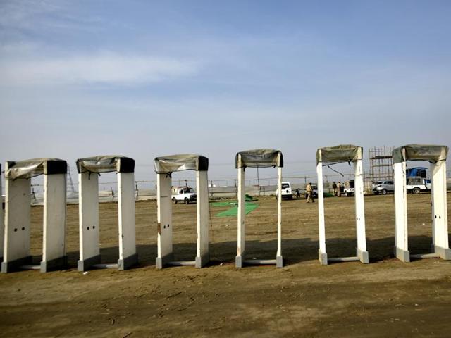 A row of metal detectors installed at the event site.  (Ravi Chaudhary/ht photo) 